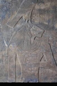 Ancient Egyptian Wall Relief: Goddess Sekhmet & God Horus Art - Image 1
