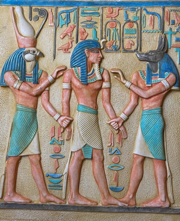 Unique ancient Egyptian Wall relief of Anubis and Horus bless Ramses II