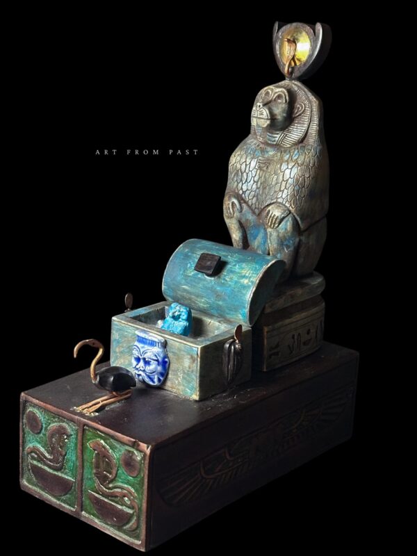 Egyptian Baboon figurine with Ibis God Thoth and Wings of Isis and Cobra Goddess.