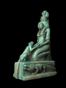 Egyptian Goddess with Leopard and God Sobek statue in a magical scene from Ancient Egypt - Image 1