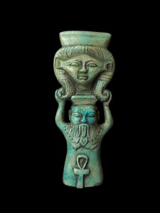 Handmade Goddess Hathor Flamestone Statuette with Bes & Ankh - Image 1