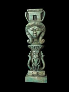 Handmade Flamestone Goddess Hathor Statuette with Bes and Cobra - Image 1