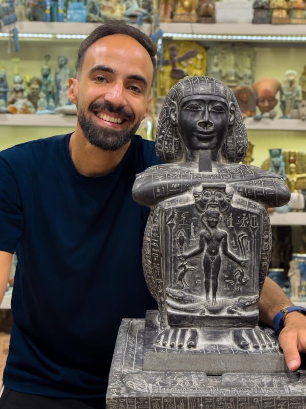 Basalt Djedher Block Statue: Egyptian Priest Holding Horus Stela Replica