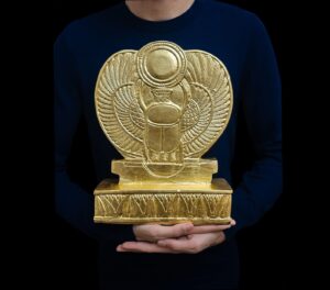 Gold Leaf Winged Scarab Beetle: Egyptian Stone Home Decor - Image 1