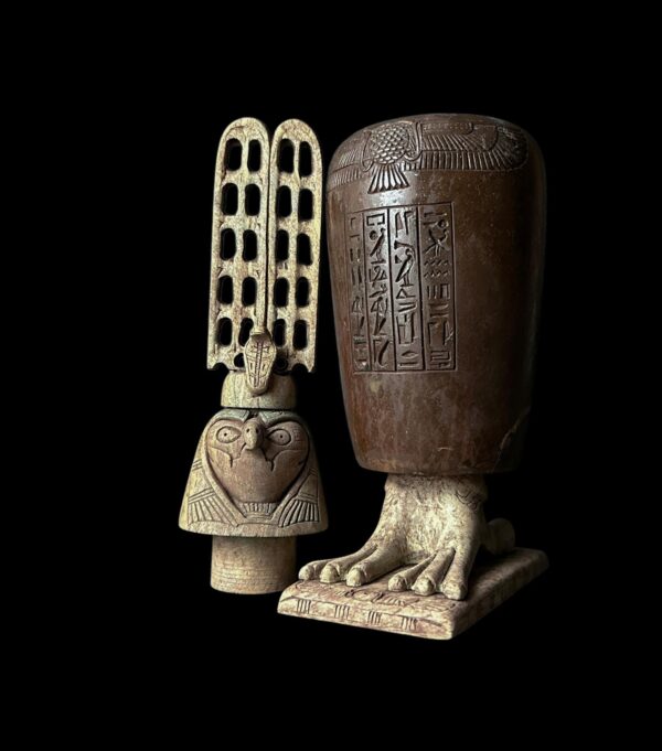 Vintage Egyptian God Ra Jar: Falcon Statue with Sun Disk