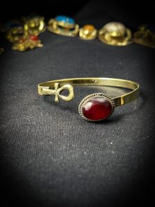 Brass Egyptian Ankh Bracelet: Key of Life, Red Stone - Image 1