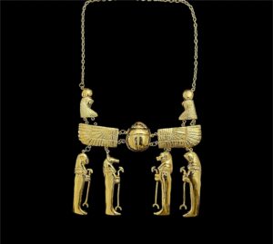 Gold Plated Brass Egyptian Pectoral Necklace: Winged Scarab & Horus Replica - Image 1