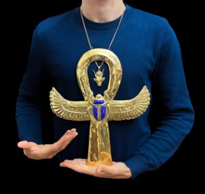 24k Gold Plated Brass Ankh: Egyptian Key of Life with Scarab - Image 1