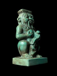 Hand-Carved God Bes Statue Holding Horus & Thoth: Egyptian Decor - Image 1