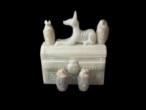 Egyptian God Anubis Box with Canopic jars figures and winged Beetle scarab - Image 1