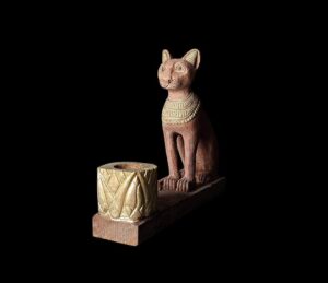 Egyptian Bastet Cat Statue with Candle Holder - Wood Home Decor - Image 1