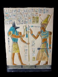 Hand Carved Egyptian Wall Relief: God Anubis and King - Image 1