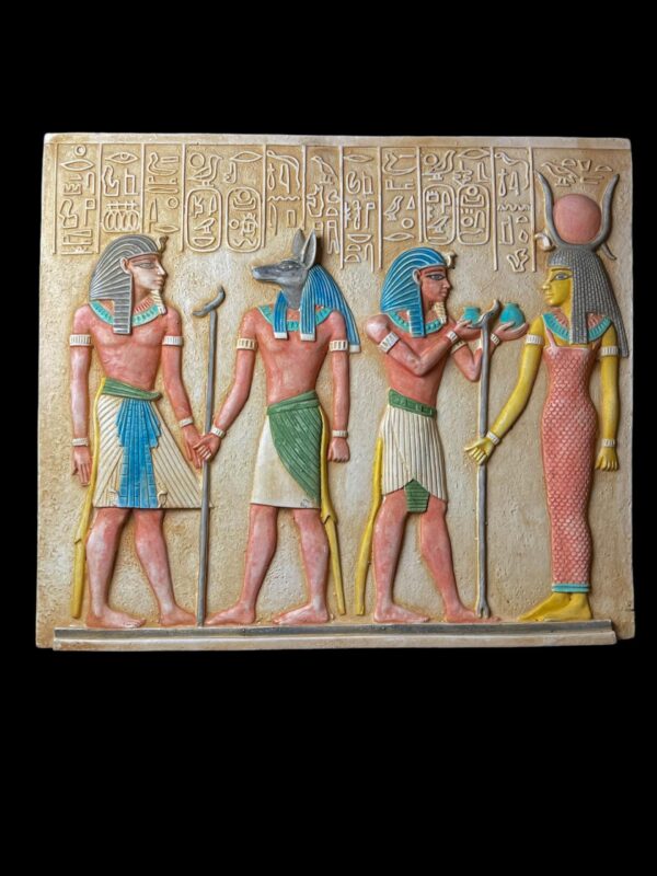 Unique ancient Egyptian Wall relief of Anubis and Hathor and Ramses II