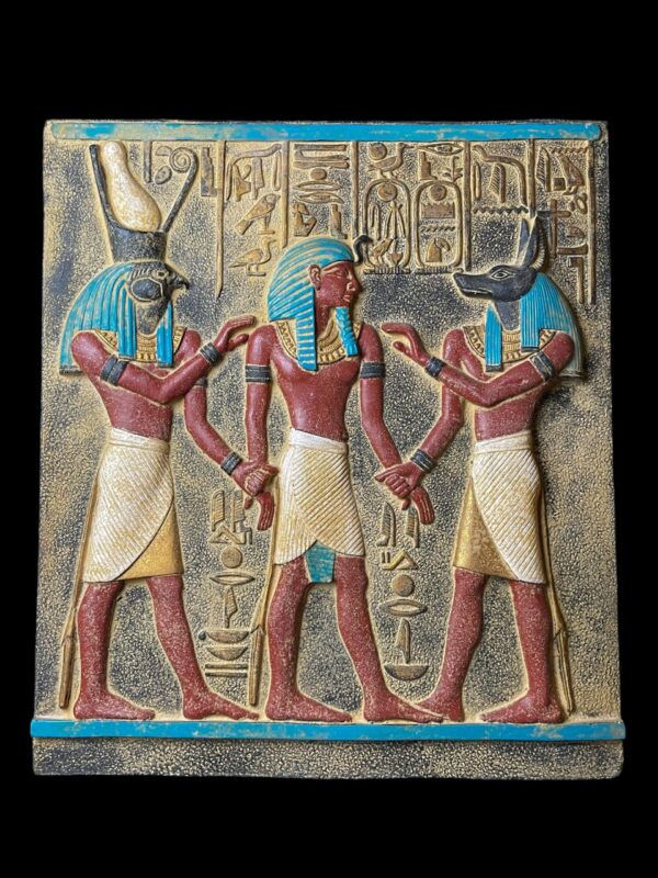 Unique ancient Egyptian Wall relief of Anubis and Horus bless Ramses II