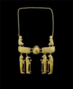 Gold Plated Brass Egyptian Pectoral Necklace: Winged Scarab & Horus Replica - Image 2