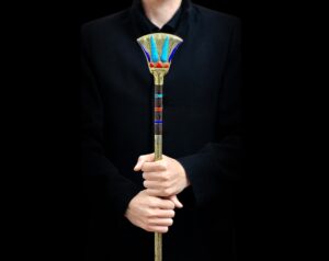 Lotus Flower Was Sceptre: Ebony, Brass, Gold, Gemstone Osiris Staff - Image 2