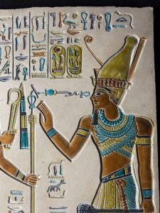 Hand Carved Egyptian Wall Relief: God Anubis and King - Image 2