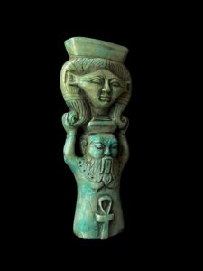 Handmade Goddess Hathor Flamestone Statuette with Bes & Ankh - Image 3