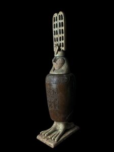 Vintage Egyptian God Ra Jar: Falcon Statue with Sun Disk - Image 3