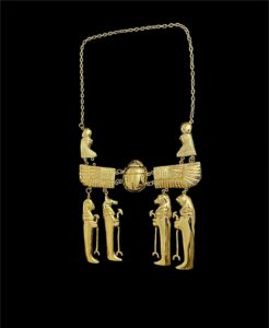 Gold Plated Brass Egyptian Pectoral Necklace: Winged Scarab & Horus Replica - Image 3