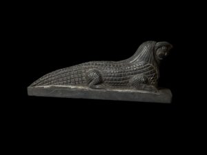 Basalt Crocodile Statue: Egyptian God Horus Falcon Head - Image 4