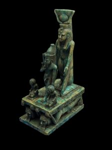 Vintage Goddess Isis is protecting God Horus with a high priest. Egyptian copy Museum statue - Image 4