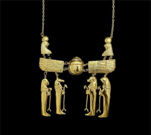 Gold Plated Brass Egyptian Pectoral Necklace: Winged Scarab & Horus Replica - Image 4
