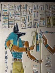 Hand Carved Egyptian Wall Relief: God Anubis and King - Image 4