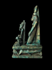 Vintage Goddess Isis is protecting God Horus with a high priest. Egyptian copy Museum statue - Image 5