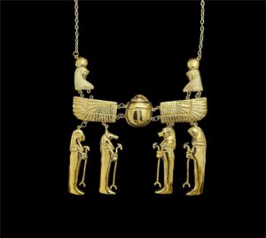Gold Plated Brass Egyptian Pectoral Necklace: Winged Scarab & Horus Replica - Image 5