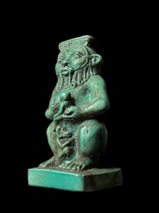 Hand-Carved God Bes Statue Holding Horus & Thoth: Egyptian Decor - Image 5