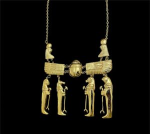 Gold Plated Brass Egyptian Pectoral Necklace: Winged Scarab & Horus Replica - Image 6