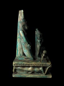 Vintage Goddess Isis is protecting God Horus with a high priest. Egyptian copy Museum statue - Image 7