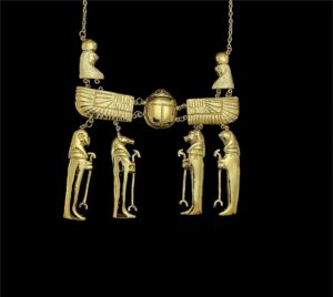 Gold Plated Brass Egyptian Pectoral Necklace: Winged Scarab & Horus Replica - Image 7