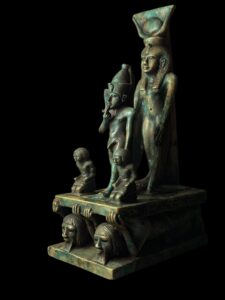 Vintage Goddess Isis is protecting God Horus with a high priest. Egyptian copy Museum statue - Image 8