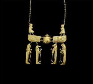 Gold Plated Brass Egyptian Pectoral Necklace: Winged Scarab & Horus Replica - Image 8